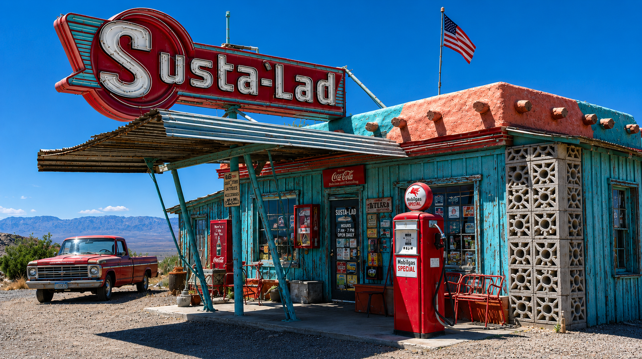 Colorful Susta-Lad roadside gas station in the Southwest