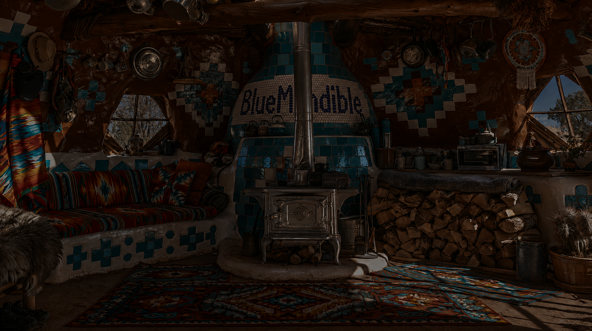 Warm Southwest interior with turquoise tile and wood stove
