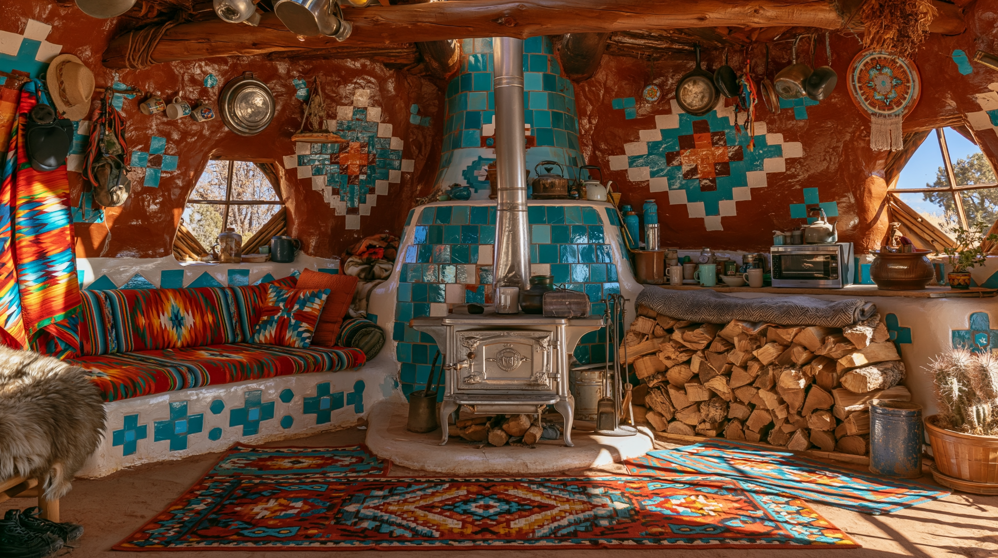 Warm Southwest interior with turquoise tile and wood stove