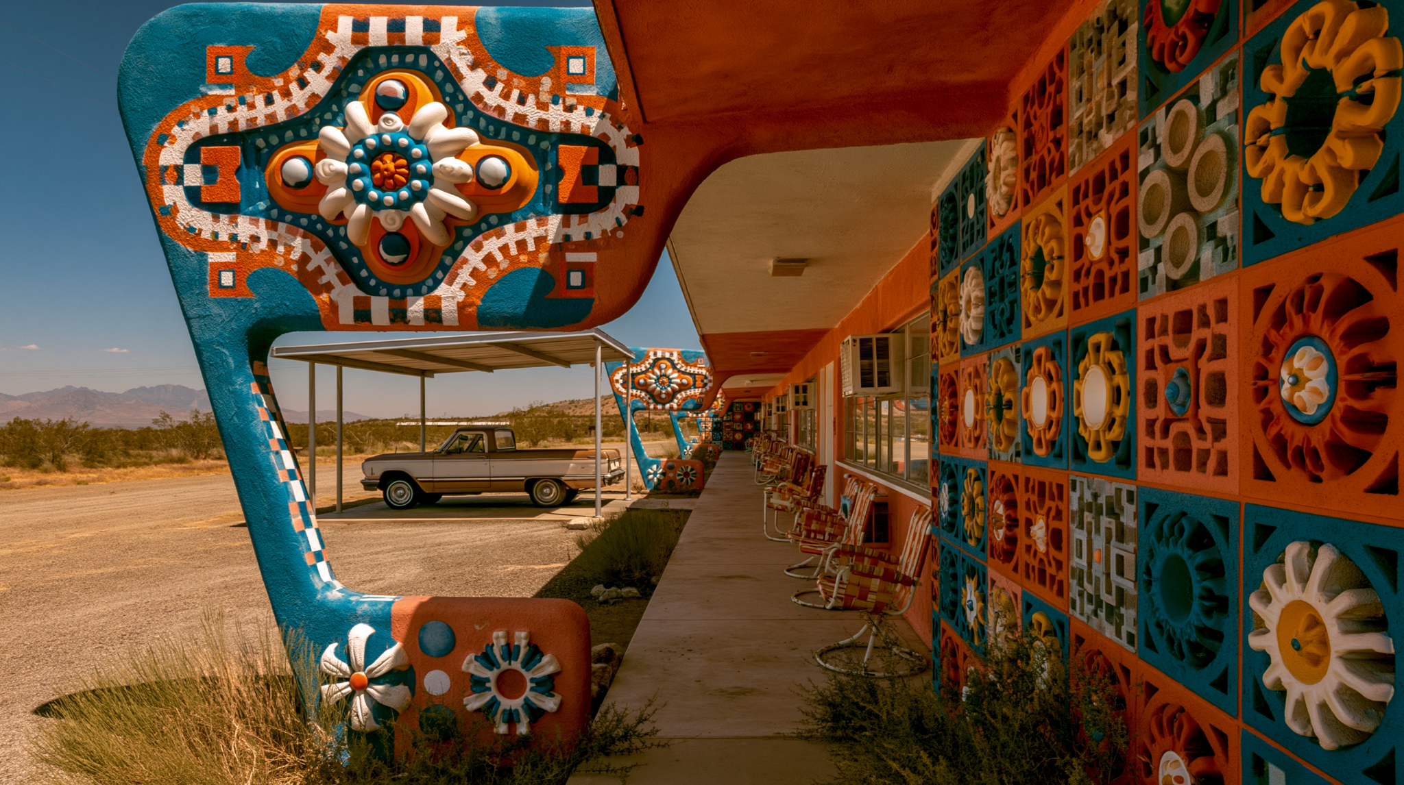 Colorful Southwest roadside hotel with geometric architectural details