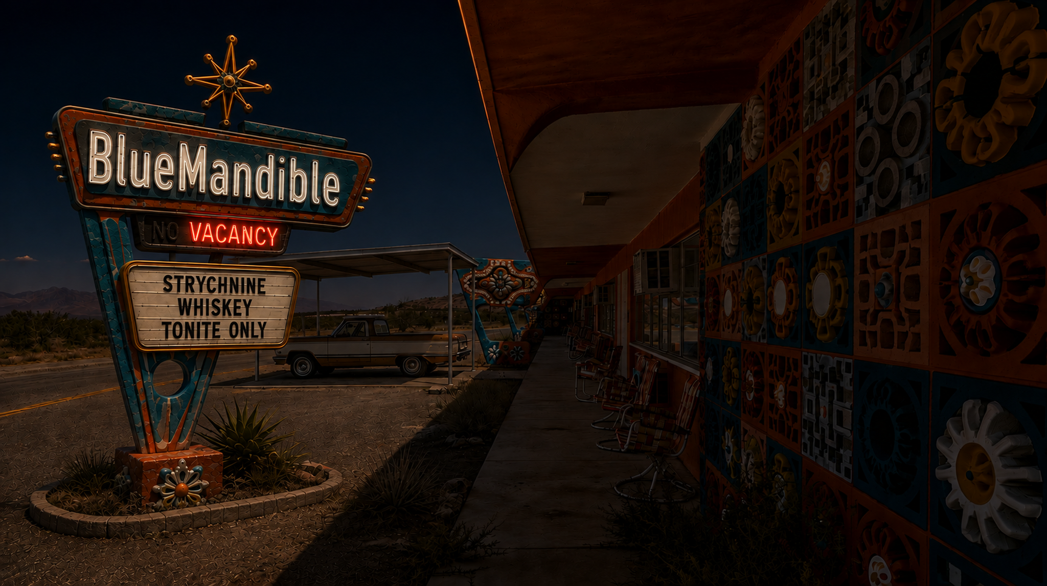 Colorful Southwest roadside hotel with geometric architectural details