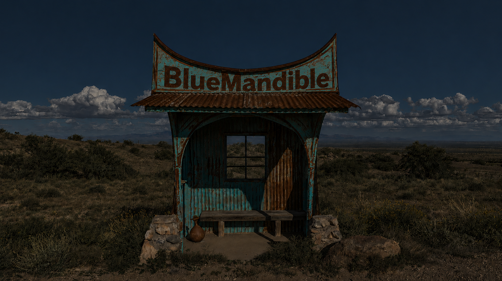 Weathered turquoise and rust Susta-Lad roadside shelter beneath a wide Southwest sky