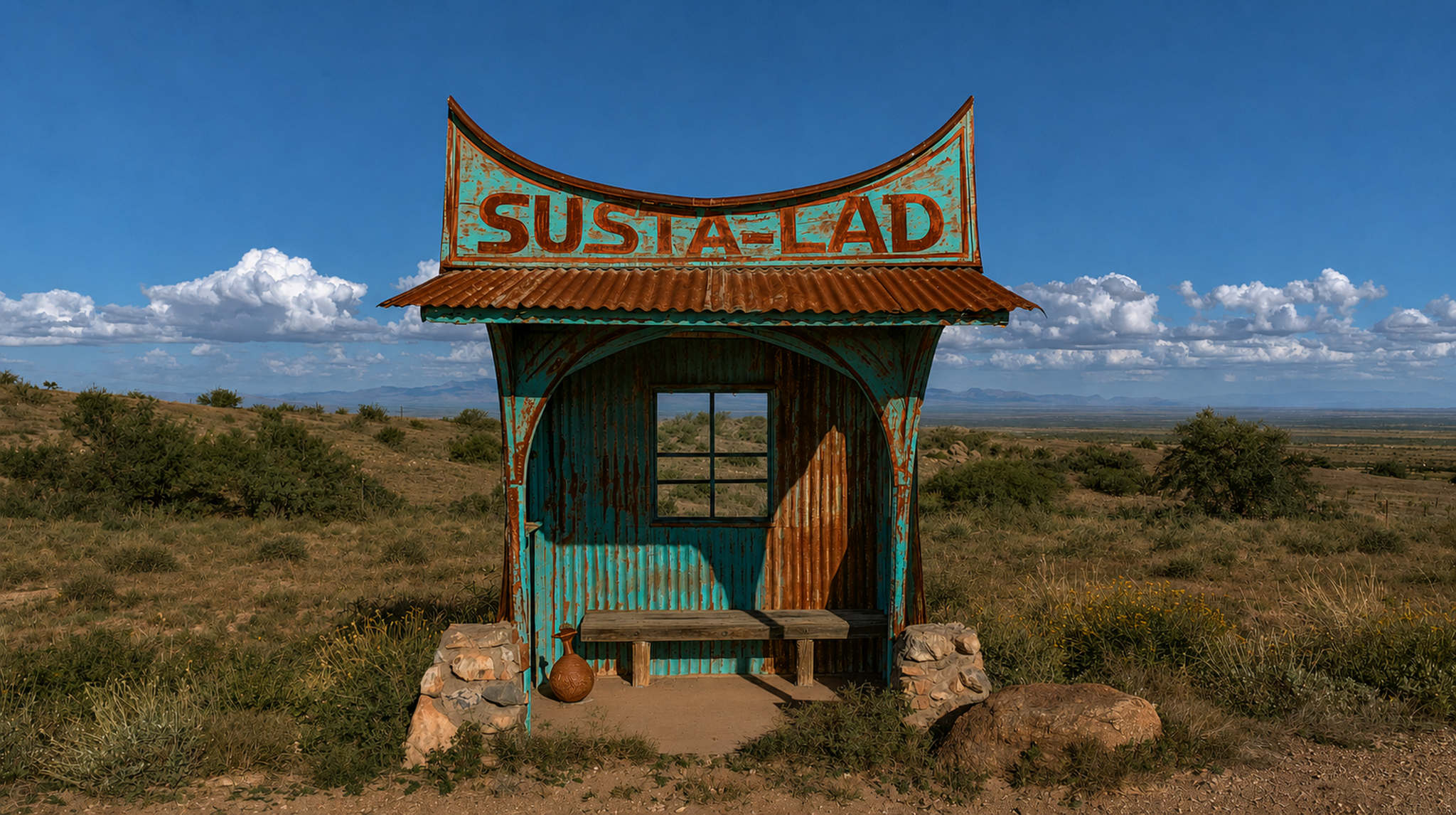 Weathered turquoise and rust roadside shelter beneath a wide Southwest sky